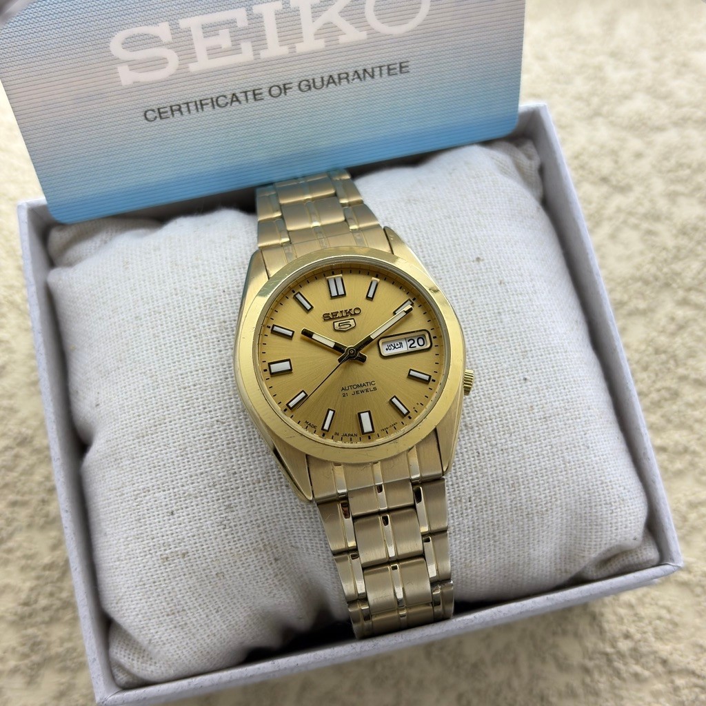 Arloji Jam tangan Seiko 5 SNK36 Fullset Gold Plated 7s26c Second Preloved