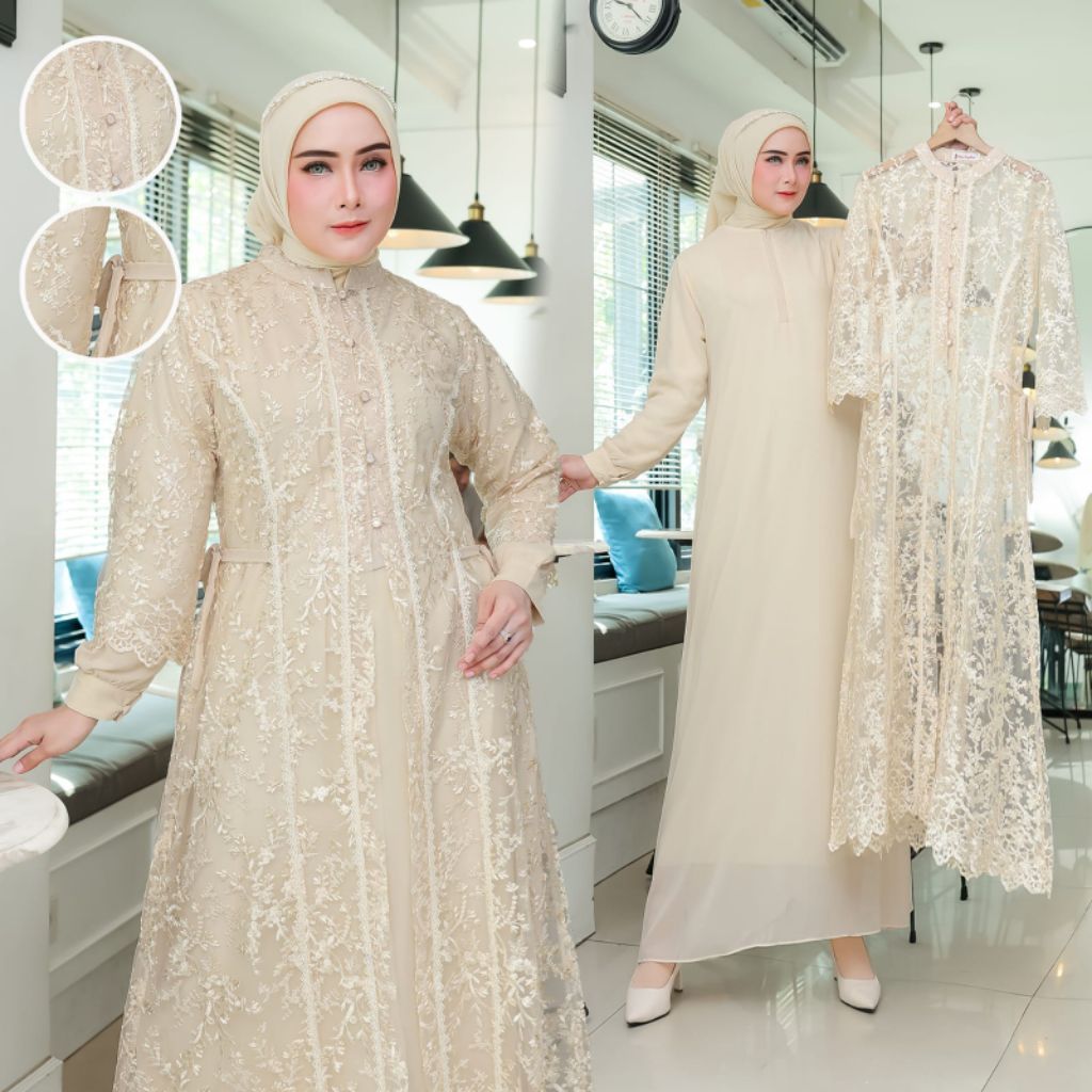 Gamis Wanita Inaya Tille Premium Muslimah Motif Bunga Outer Tille Sewarna Dalaman Long Dress Polos M