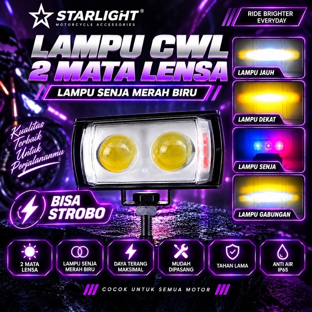 LAMPU TEMBAK CWL 2 MATA LENSA LED MOTOR – SENJA MERAH BIRU, CAHAYA KUNING PUTIH, WATERPROOF IP65 UNI