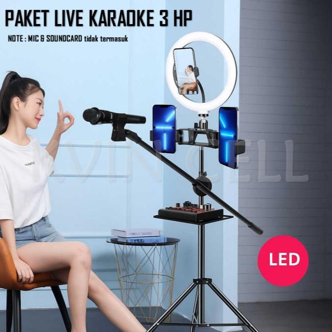 Bundling Paket Tripod Live Streaming Karaoke Stand Audio Holder 2Hp 3 Hp Ring Light Holder Panjang S