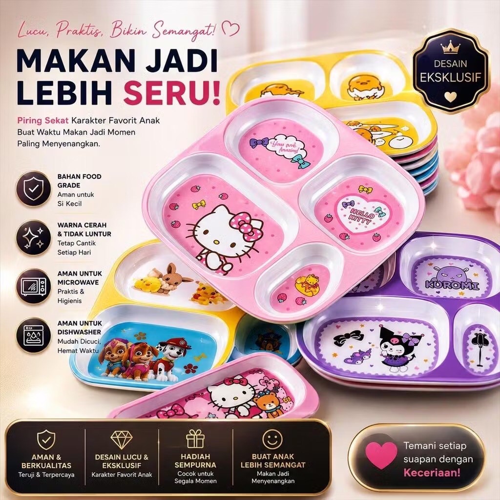 piring makan melamin anak sekat 4 ya karakter