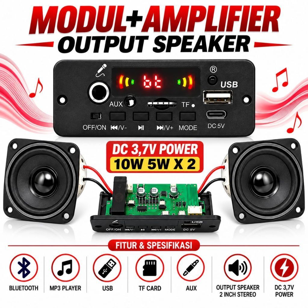 AUDIO CONSULE MODUL MP3 BLUETOOTH RADIO USB AUX DC 12V MODUL AMPLIFIER SPEAKER AKTIF