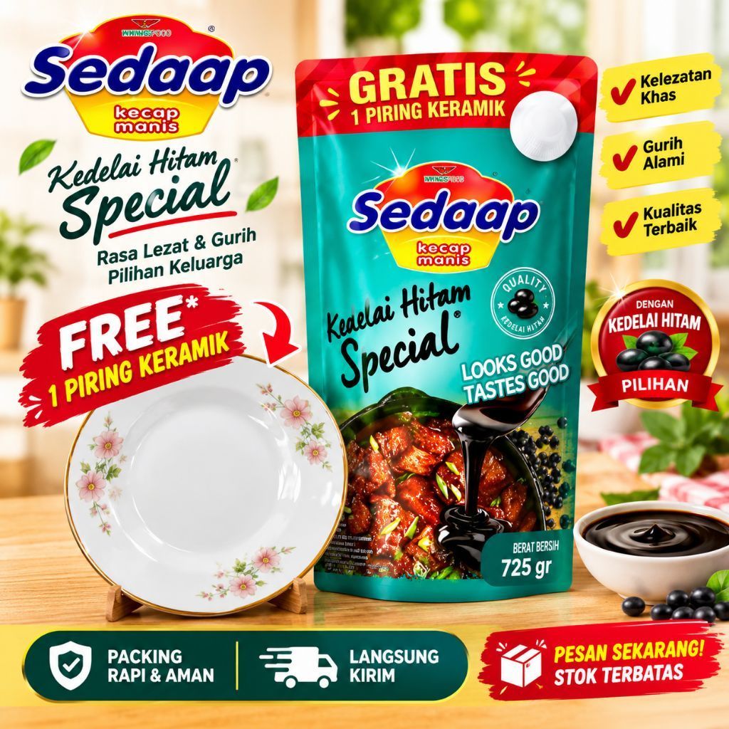 Kecap Sedaap Manis 725 ml - Kental, Meresap, Aroma Sedap Berhadiah Piring Keramik Cantik