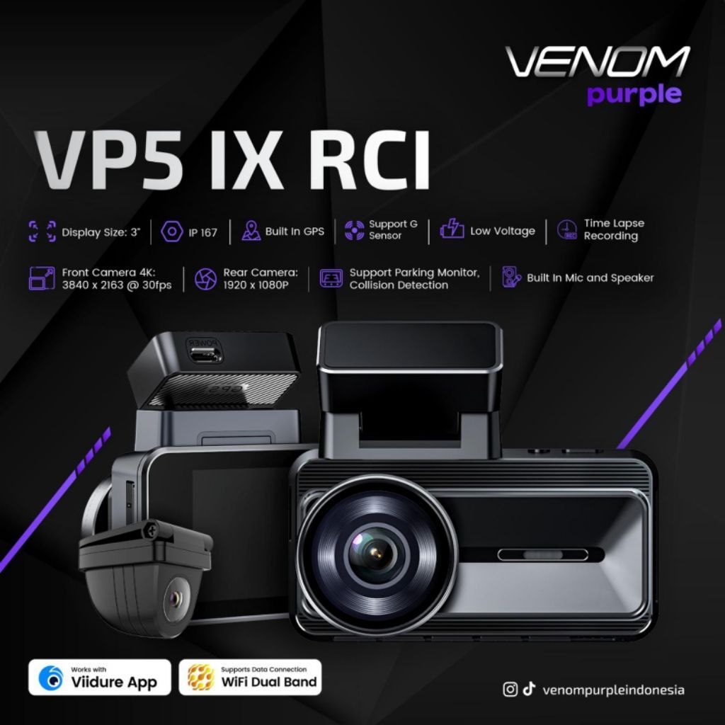 VENOM VP5 IX RCI Dashcam 4K Ultra HD 1080P GPS IP67 Waterproof Dual Camera Resolusi Tinggi Parking M