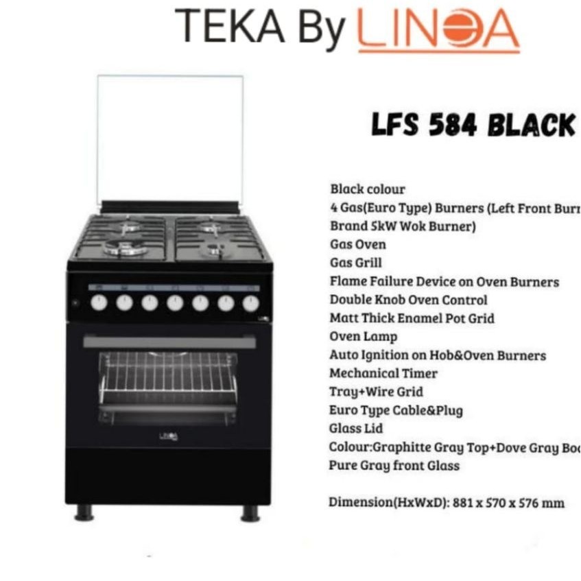 TEKA By LINEA LFS 584 Kompor Freestanding Gas 4 Burner - Oven & Grill | Auto Ignition Black New