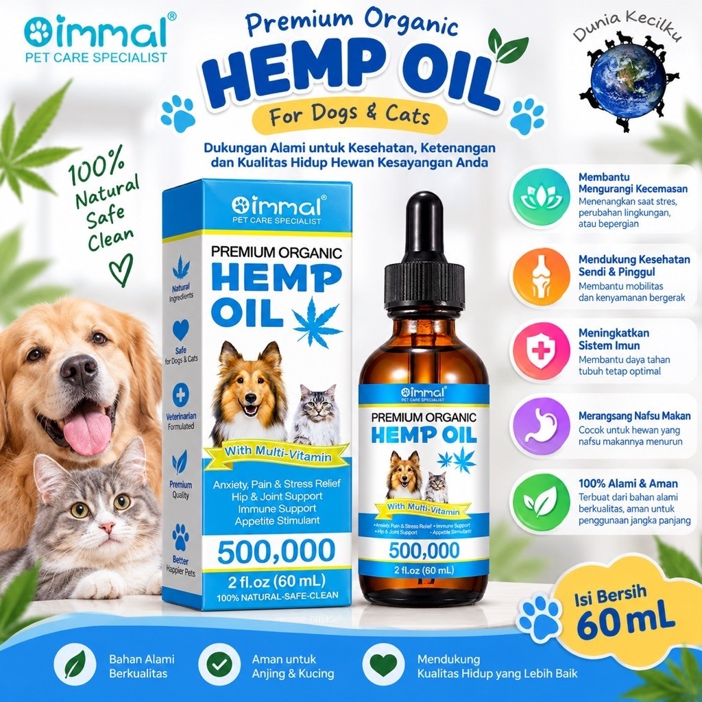 Oimmal Hemp Oil (60 ml) For Cats & Dogs Immune Support - Napsu Makan - Stress Relief - Hip & Joint