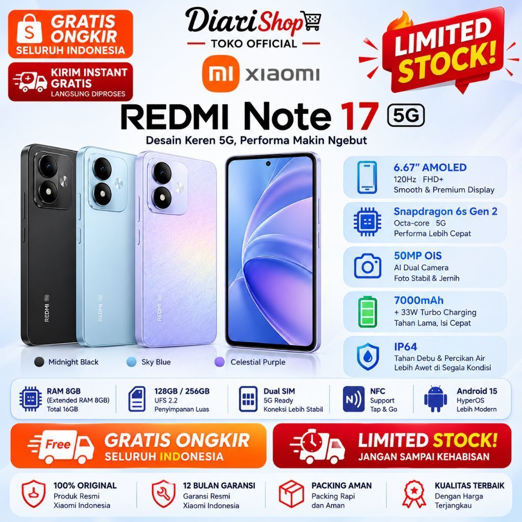 Redmi Note 17 5G 8GB 256GB AMOLED 120Hz Snapdragon 6s Gen 2 7700mAh 45W 50MP OIS IP65 HP 5G