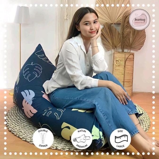 Hevanimayas665 - Bean bag triangle plus isi motif Leaf Navy size dewasa - beanbag murah berkualitas 