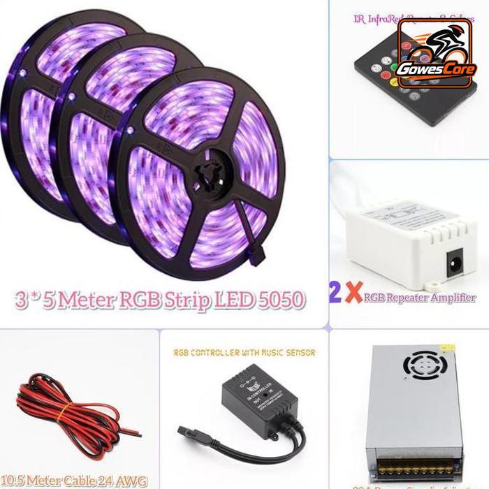 LAMPU FLEXIBLE LED 15 METER STRIP RGB 5050 REMOT MUSIC ADAPTOR 20A
