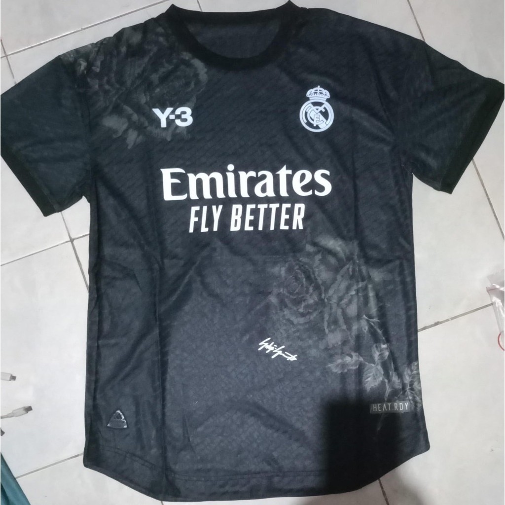 Jersey bola sepak Y-3 Real Madrid Emirates hitam lengan pendek kasual