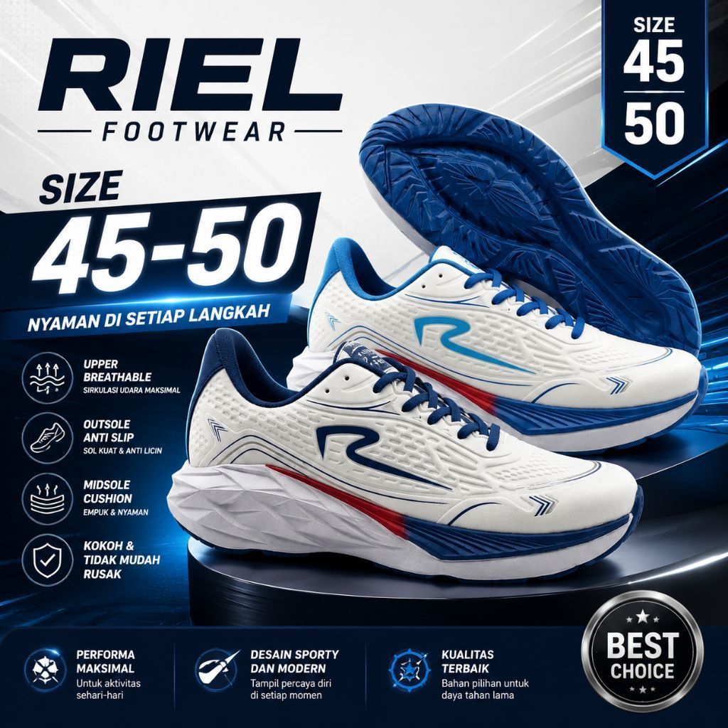 Sepatu Sport RIEL Footwear Size 45-50 Upper Breathable Outsole Anti Slip Putih Biru