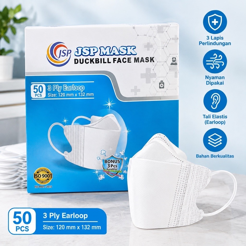 JSP Mask Duckbill 3 Ply Earloop – Masker Duckbill 50 Pcs + Bonus Konektor