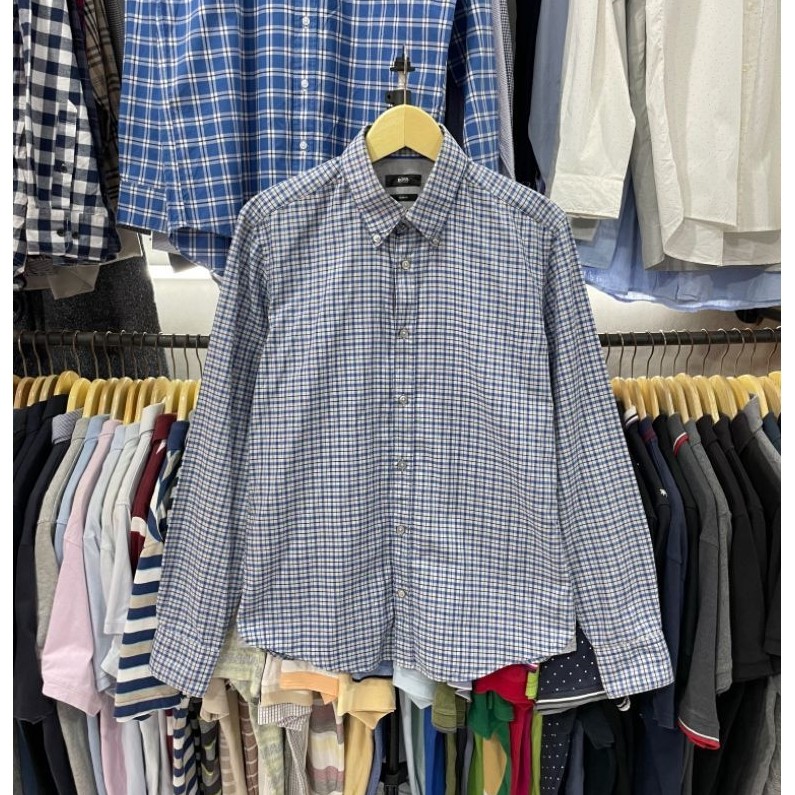 kemeja PLAID shirt Hugo boss slimfit abu/biru ( L )