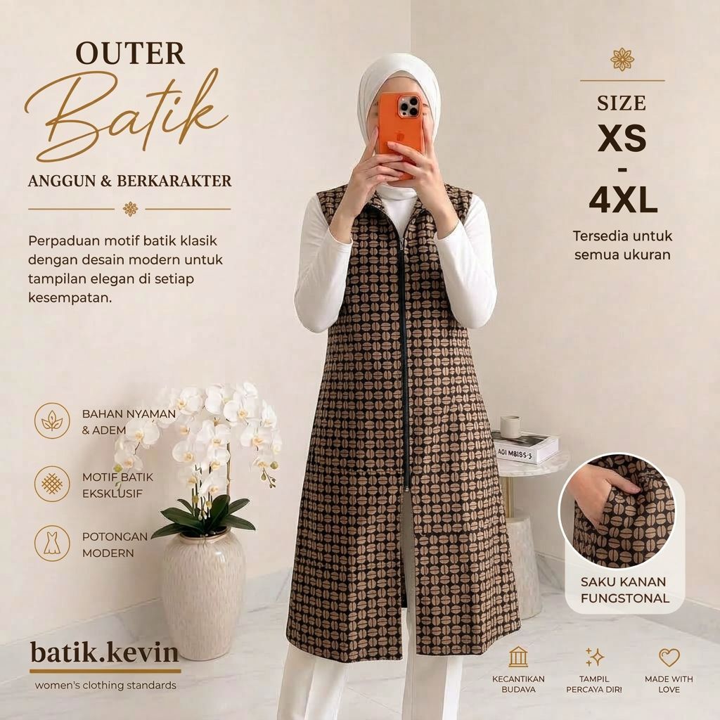 Vest Outer Cardigan Rompi Baju Batik Wanita Modern Monalisa Genes XS S M L XL XXL 3XL 4XL Asli Pekal