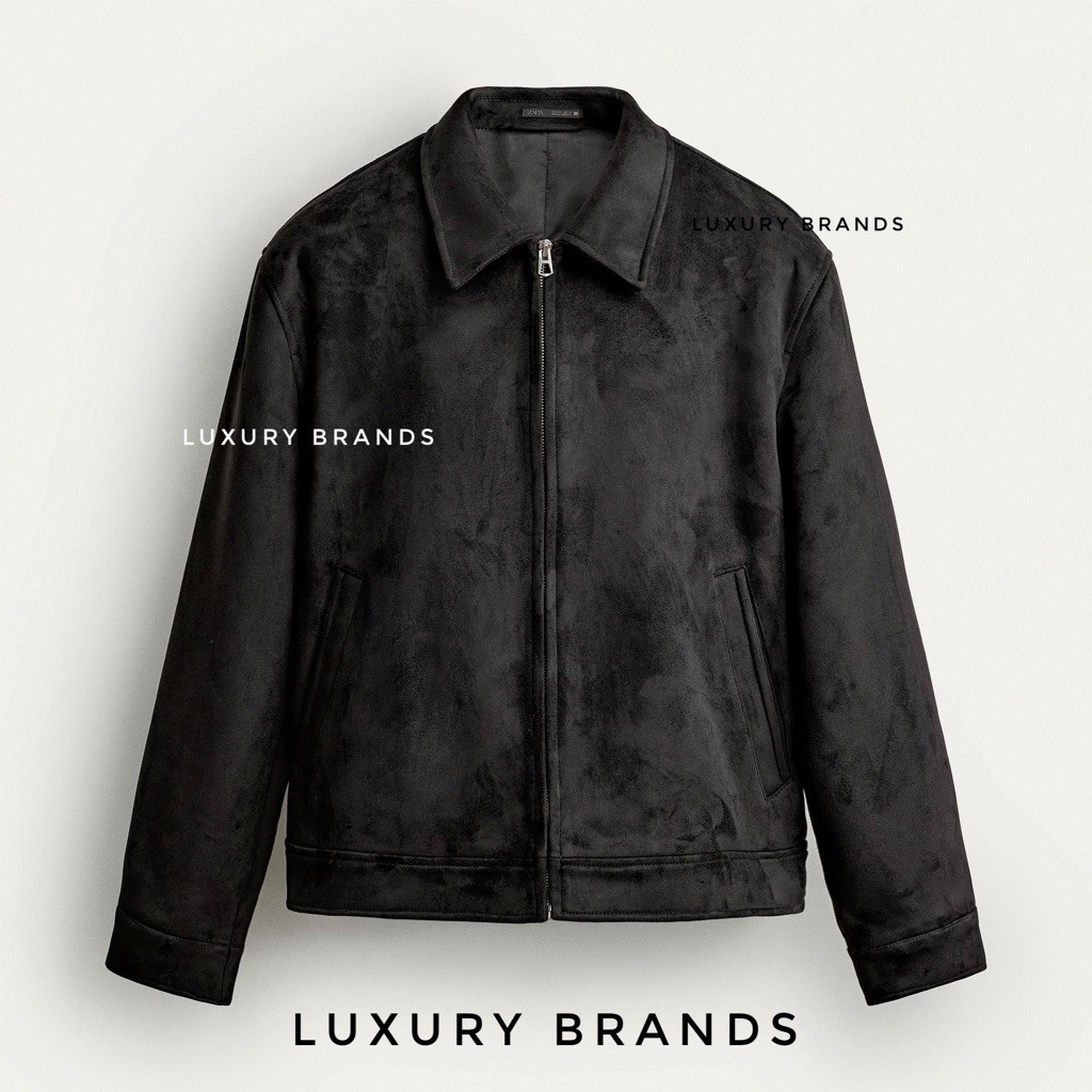 Jaket Bomber ZARA Man Original Regular Fit Faux Suede Jacket Hitam