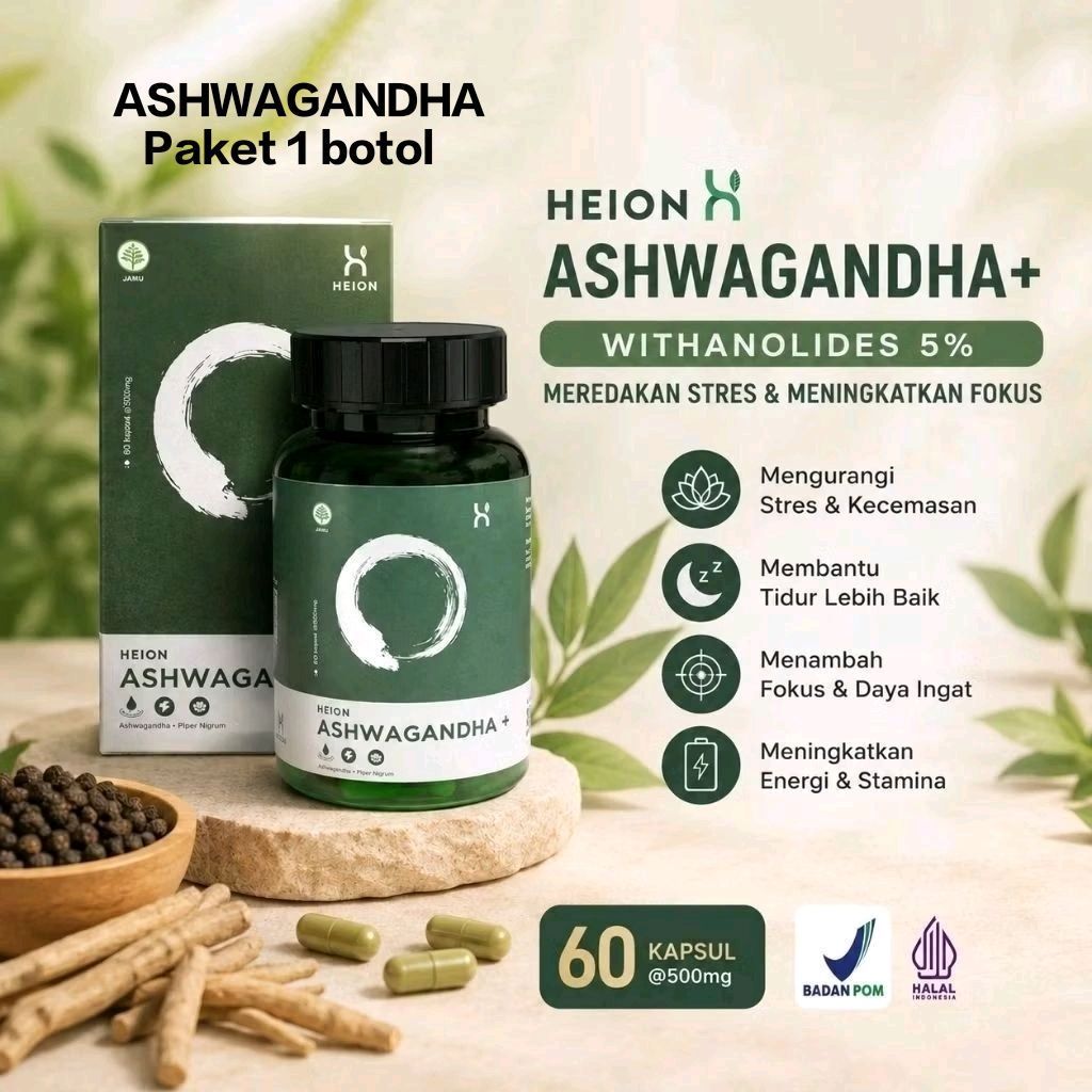 0HEION Ashwagandha+ 60 Kapsul SUPLEMENT KESEHATAN ASHWAGANDA EXTRACT @500mg BPOM by HEION OFFICIAL
