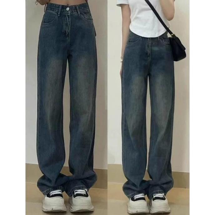 Raj- Biru Retro Celana Jeans Nita Celana Jeans Lurus Longgar Ala