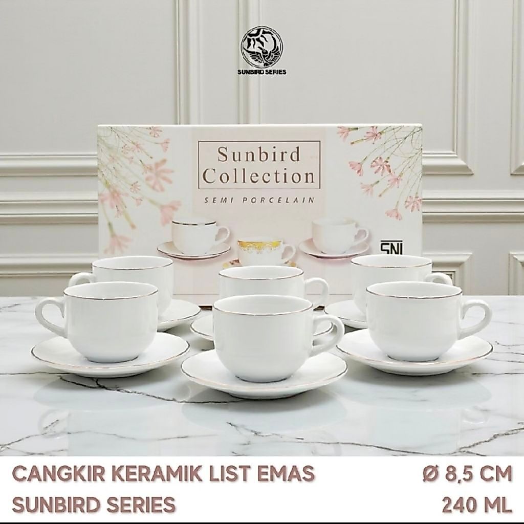 Cangkir Teh Kopi Keramik Sunbird Putih list Emas 240ml