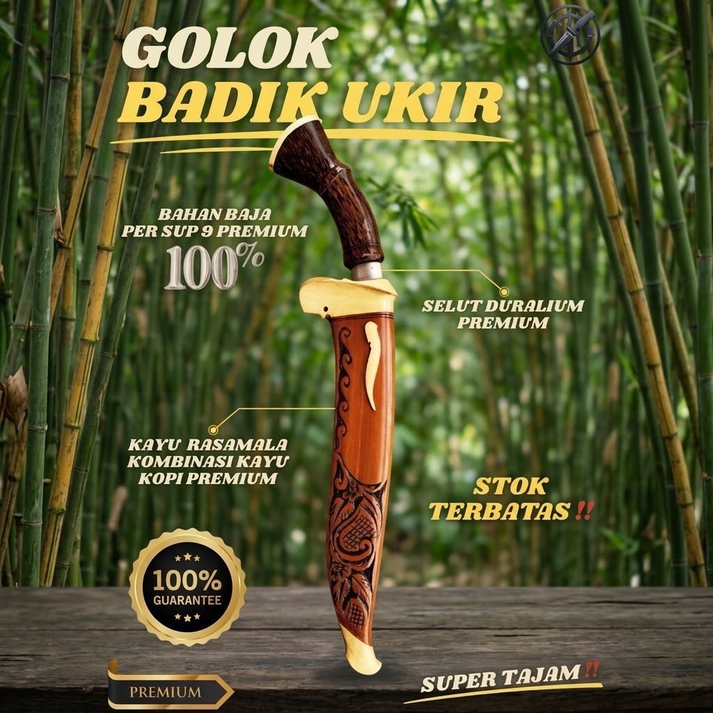 [BAJA PREMIUM] GOLOK KEBUN BADIK UKIR GOLOK BAJA SUPER TAJAM Bahan Baja Per SUP9 Asli Original