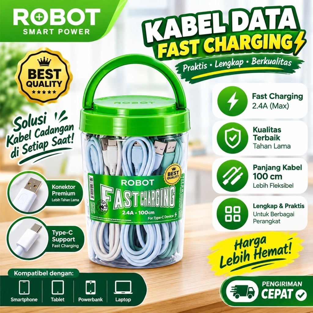 KABEL DATA TYPE C ROBOT ORI Fast Charging