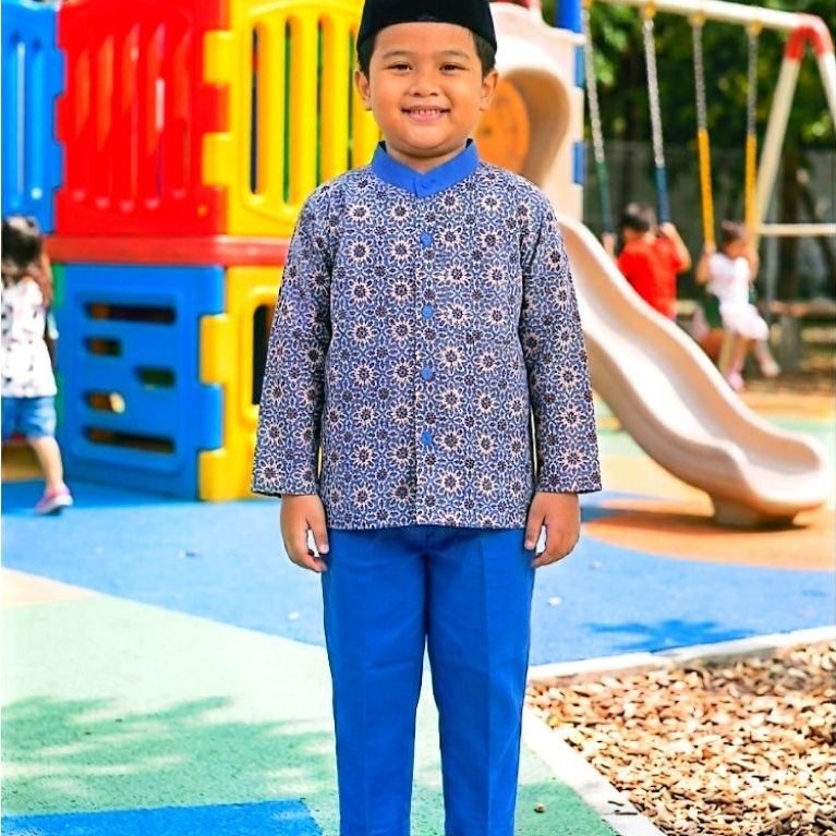 SERAGAM BATIK SETELAN MOTIF KIPAS BIRU  PAUD /TK/TPA/TPQ/MD/MADRASAH DINIYAH/ANAK ANAK