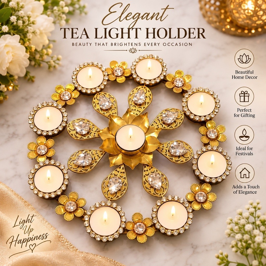 Stonework Round Tealight Holder 30 cm, Incl 9 Tealight Candles. Packed in a nice hard gift box. Diwa
