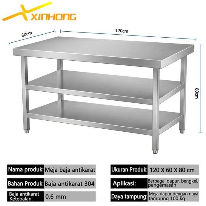 Xinhong Meja Stainless Steel 3 Tingkat Meja Kerja Dapur Rak Baja tahan karat 2 lapis 150X60X80cm