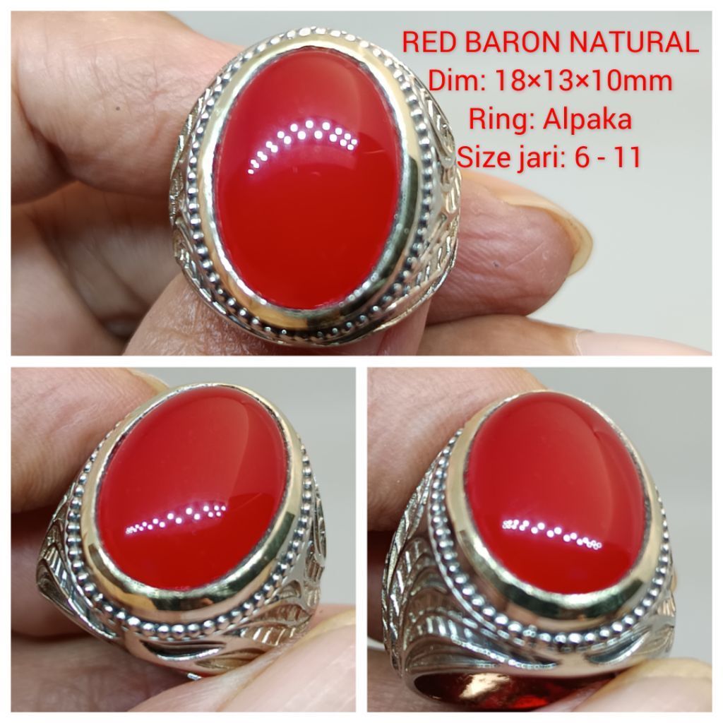 Cincin Batu Akik Red Baron Asli Natural Dim batu est 18×13×10 mm Ring Alpaka Size jari 6-11