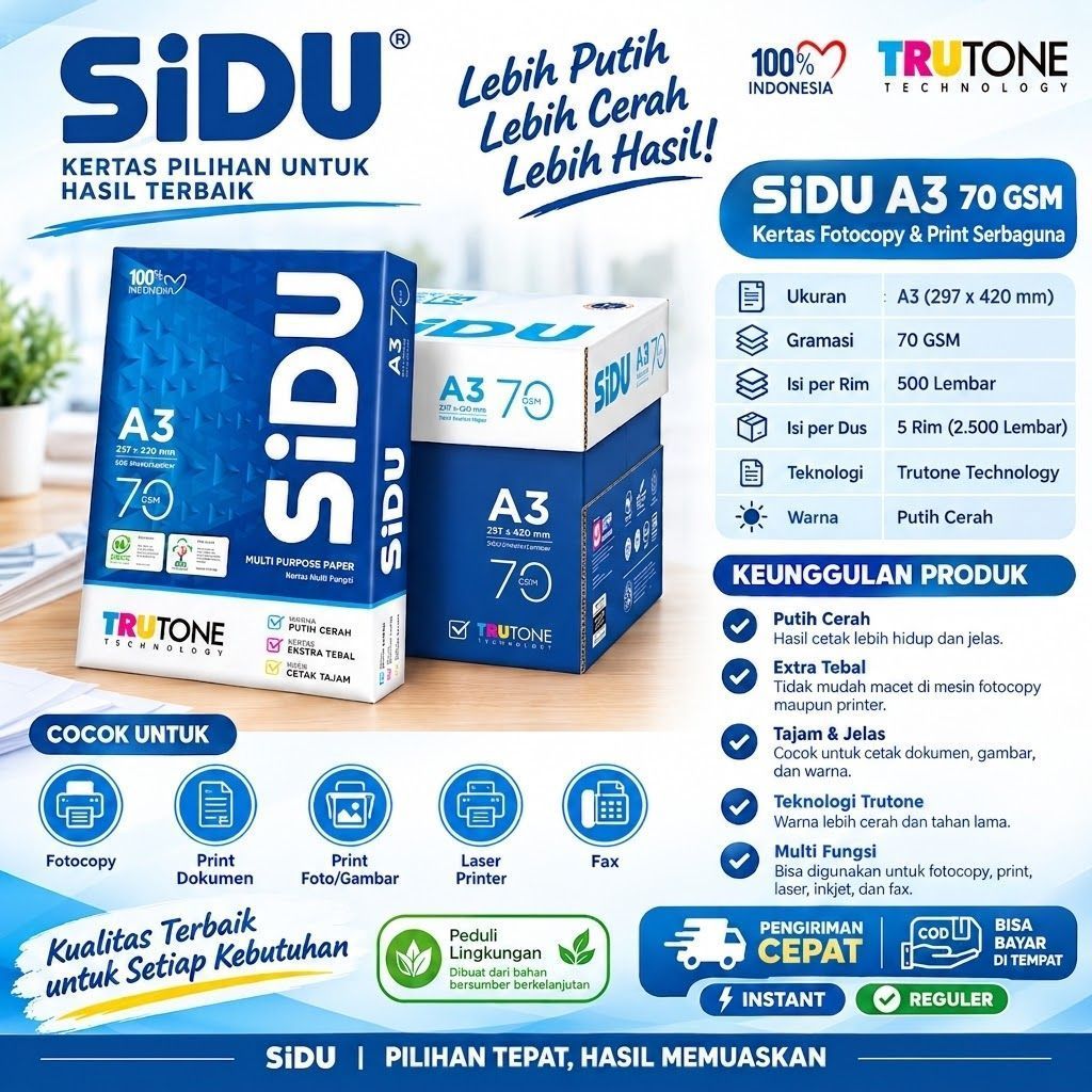 KERTAS HVS SIDU A3 ECER/KERTAS HVS A3/KERTAS SIDU