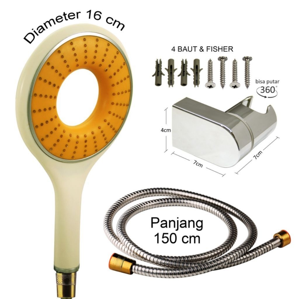 Hand shower super jumbo 16 cm warna orange Selang shower stainless 150 cm Cantolan shower 360°