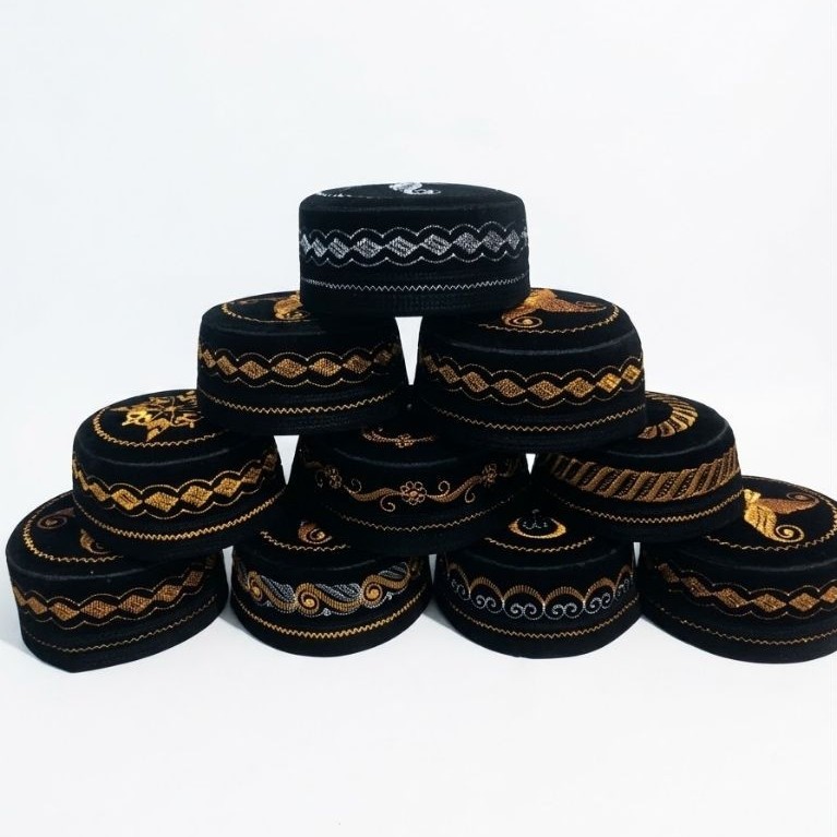 peci pria bulat bludru motif bordir kain kabulon gold