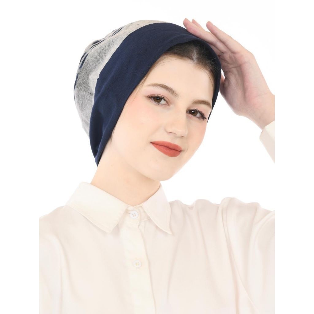 Kaloka Turban dewasa instan sorban hijab kupluk beanie topi kemo tenun motif etnik biru navy - Troso