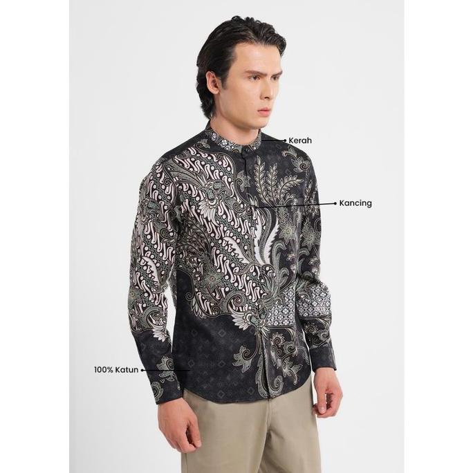 Pilihan - Manzone - Kemeja Koko Shanghai Batik Lengan Panjang Wardhana Slim Fit - Black