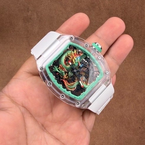 JAM TANGAN PRIA HAOFA TOUBILLON AUTOMATIC 3D DRAGON CRYSTAL 2321 WHITE