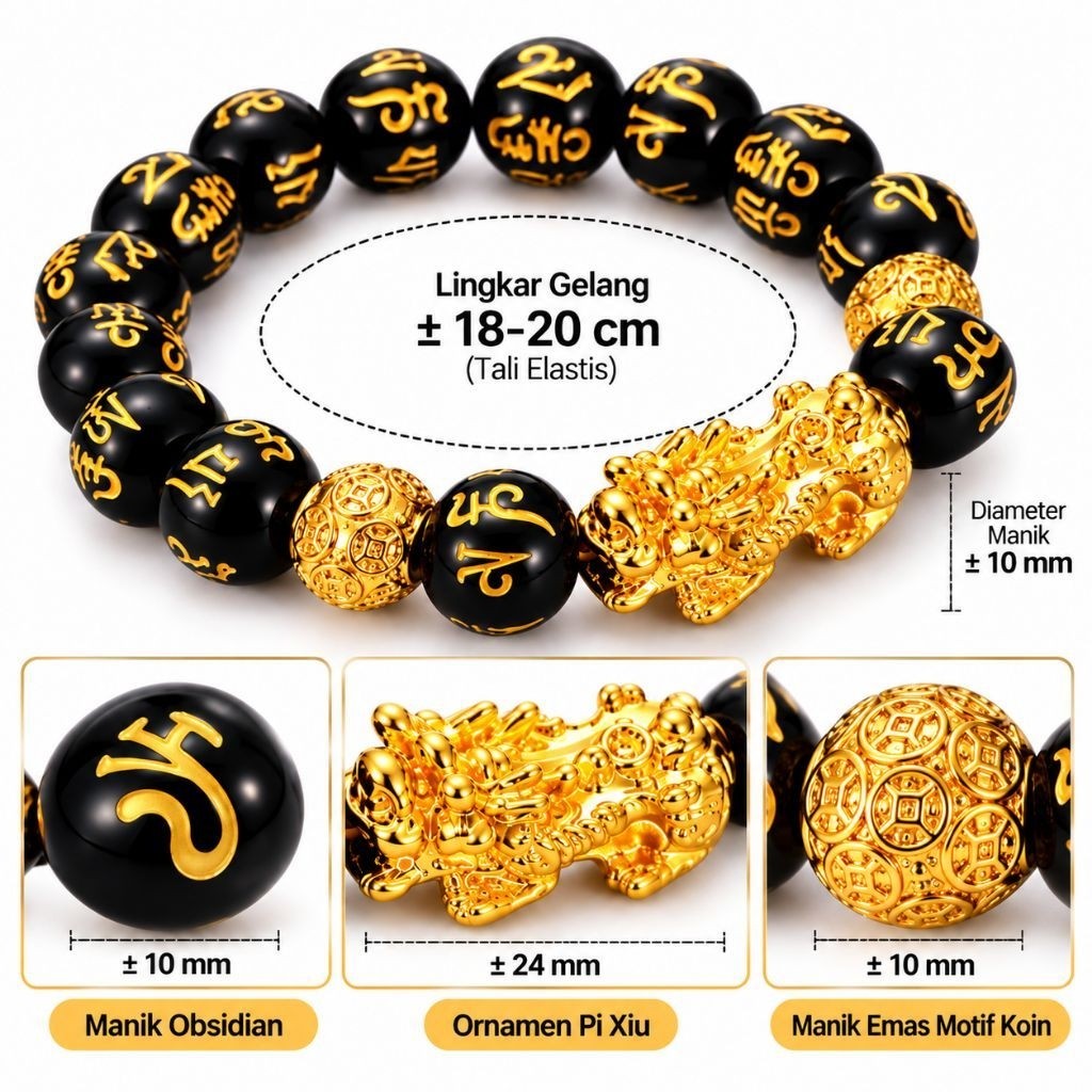Gelang Fashion Retro Feng Shui Hitam Emas Variasi Polos Ukiran Manik Pixiu