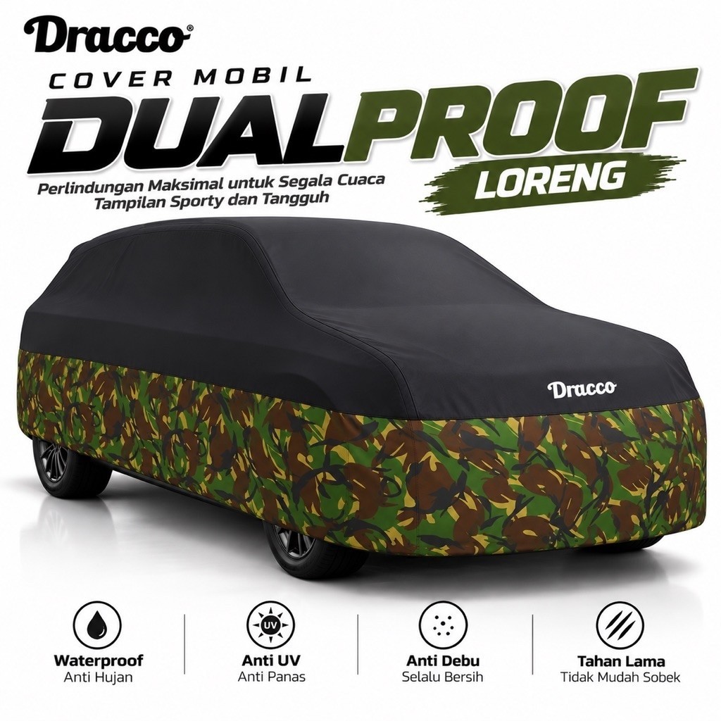 Cover Mobil Agya Motif Loreng Dualproof DRACCO Waterproof Tebal Anti Panas Hujan Debu