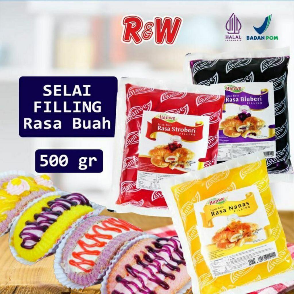 HANWE Selai Filling Roti Cake Bomboloni 500g Rasa Strawberry Blueberry Nanas Halal