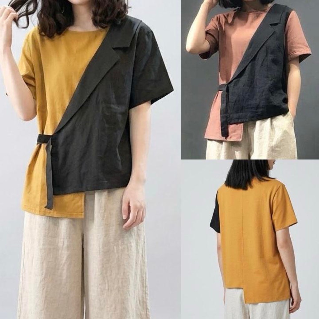 BLUS KAOS LINEN HYBRID ASIMETRIS KUNING COKLAT HITAM KOREA IMPORT