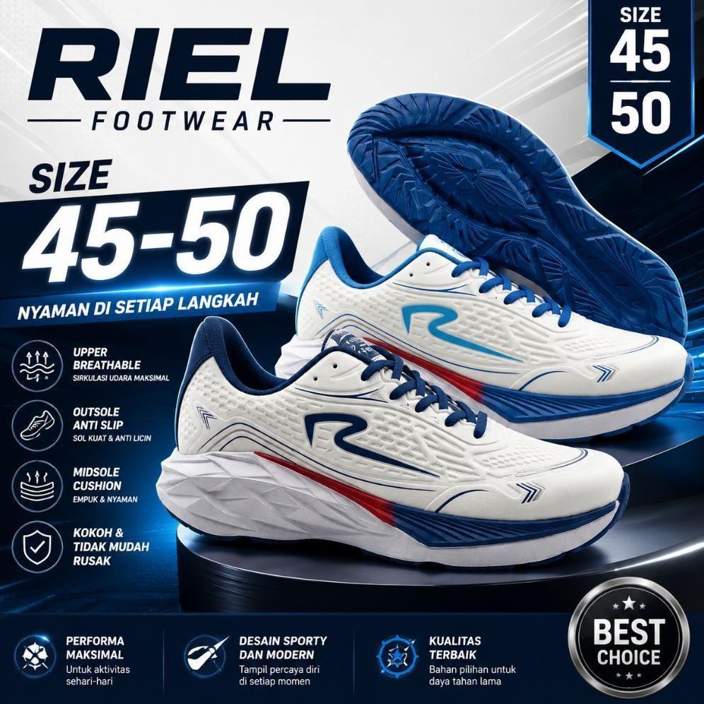 Sepatu Sport RIEL Footwear Size 45-50 Upper Breathable Outsole Anti Slip Putih Biru Diskon