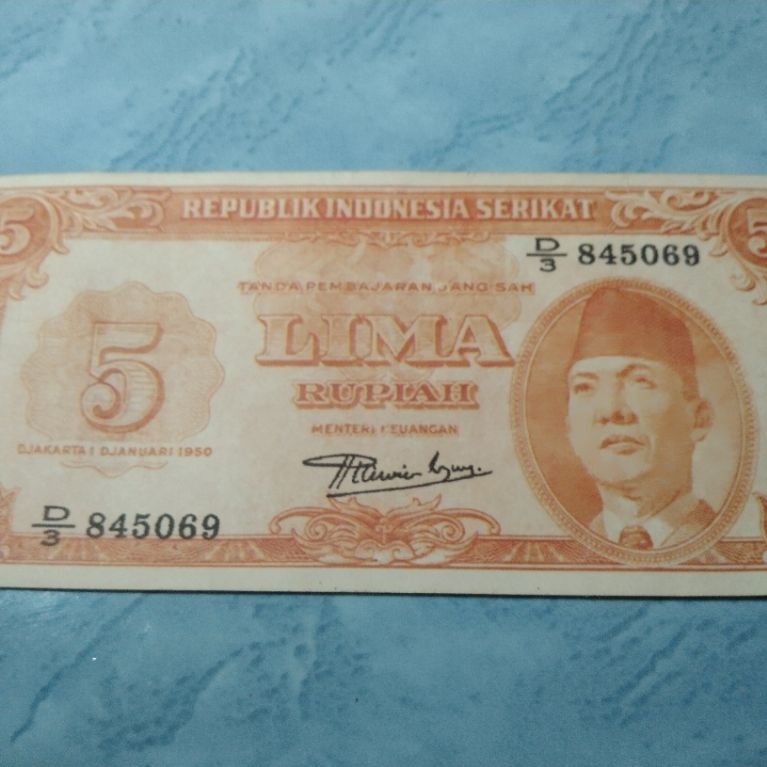Uang Kuno 5 Rupiah RIS 1950 Soekarno - Kondisi Asli Grees Kaku Tanpa Lipat (UNC)