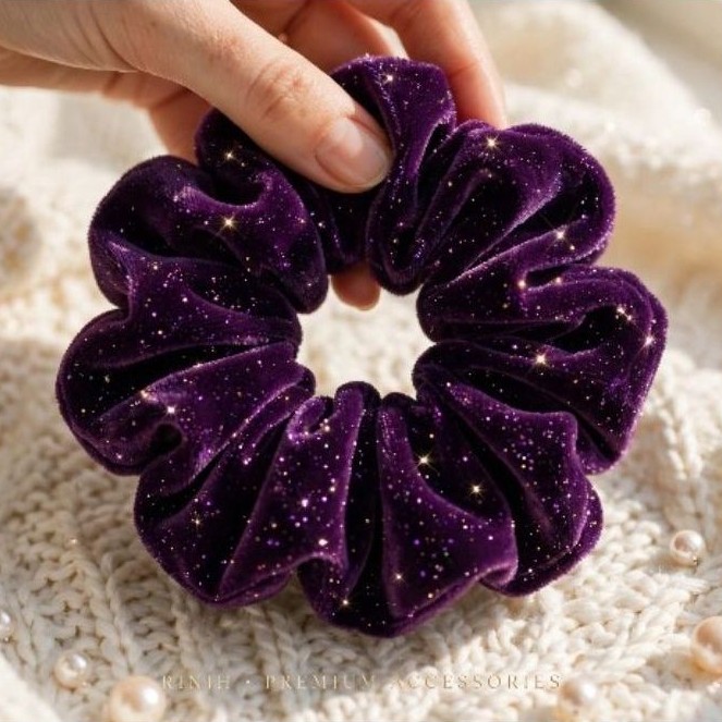 RINIH Scrunchie Beludru Velvet Jumbo Premium - Ikat Rambut Bludru Mengkilap Elastis Tebal