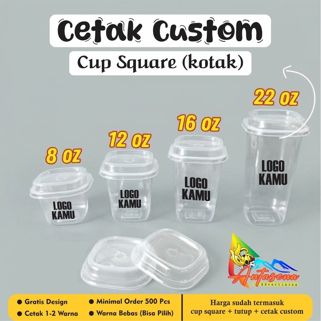 Sablon / Cetak Custom HOK Cup Gelas Square Kotak / Cup Square Kotak / Hok Gelas Cup Square + Tutup |