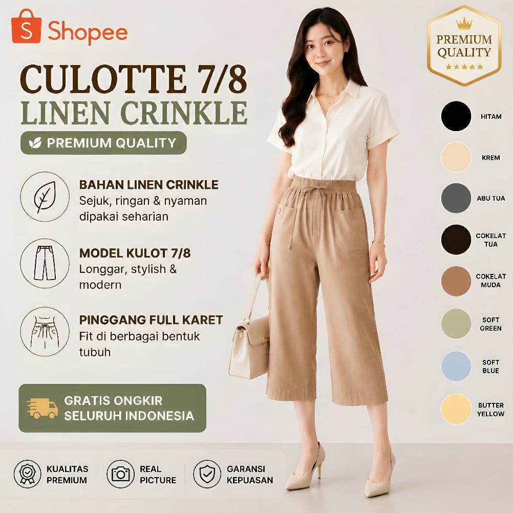 Celana Kulot Wanita 7/8 Linen Crinkle Premium Pinggang Karet Full, Kulot Jumbo Santai Kerja Korean S