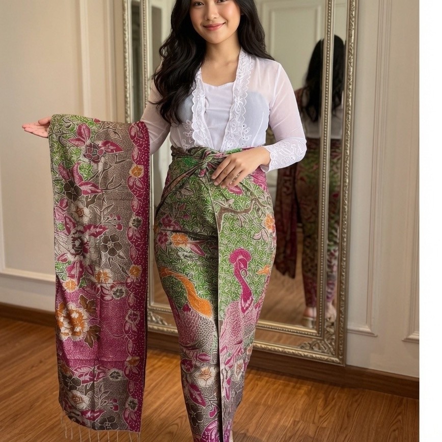 Set Kamen Batik Elegan + Selendang Sutra Paris – Motif Rembang Putih Copper