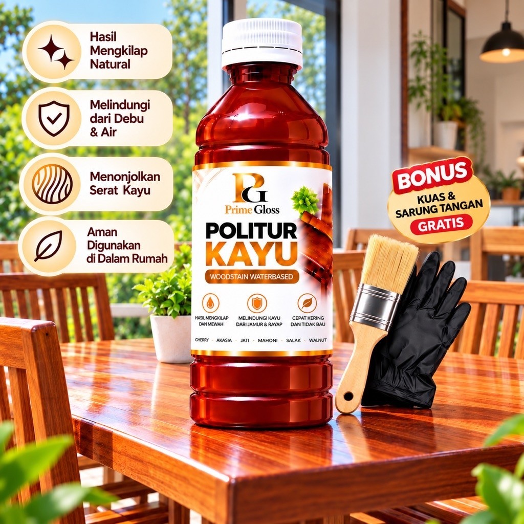 Cat Politur Kayu Premium Waterbased Siap Pakai Mengkilap Multifungsi