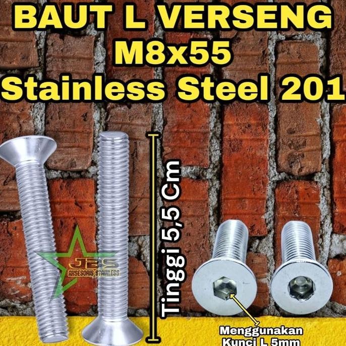 ```````] BAUT L COUNTERSUNK VERSENG L M8x55 STAINLESS SS 201