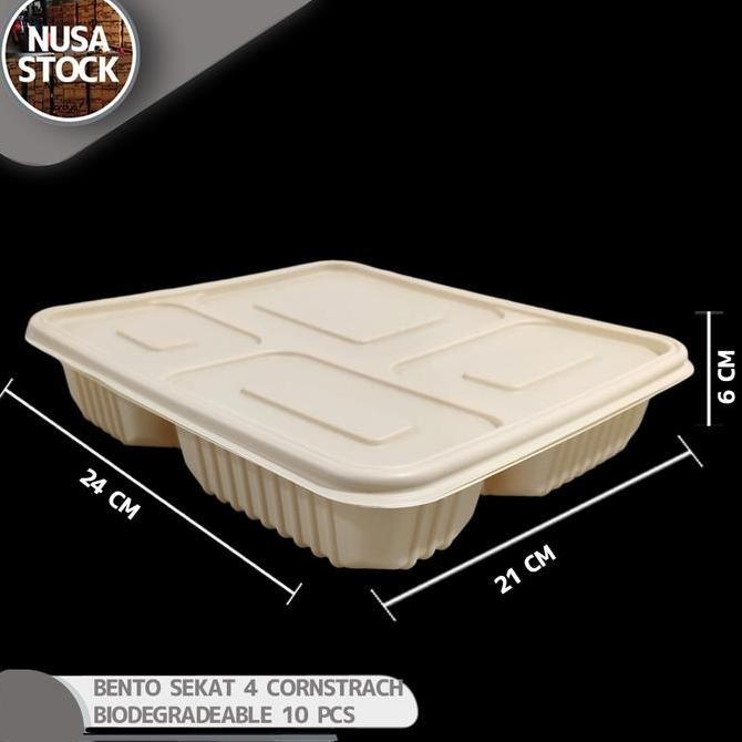 

Bento Lunch Box Kotak Makan Sekat Besar 4 bahan Corn Starch 24x21x6 CM 10 Pc / pack Eco Friendly Biodegradeable not bagasse KH