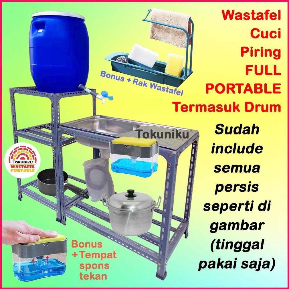Wastafel Cuci Piring Drum FULL PORTABLE Bak Cuci Tangan Panjang + Rak TOKUNIKU