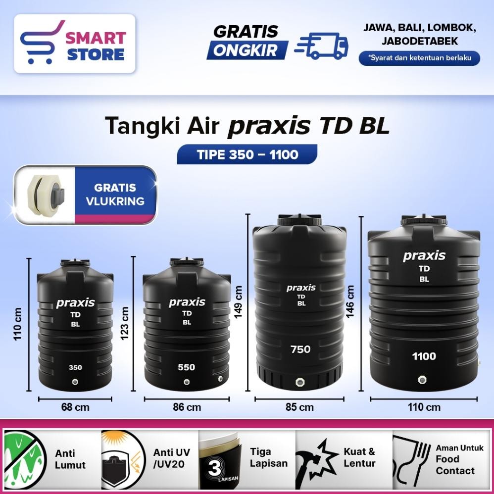 Tandon Toren Tangki Air PRAXIS 350-1100L Anti Lumut Termurah Dan Kuat