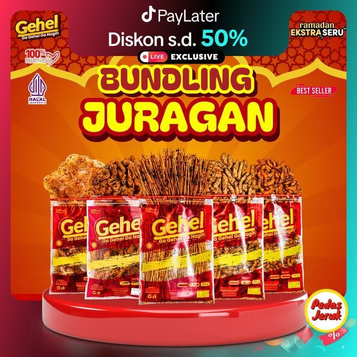 

LS GEHEL PAKET BUNDLING JURAGAN (Mie Lidi, Basreng, Makaroni, Kripca, Mie Gulung) Pedas Jeruk - Makanan Ringan Food Pedas Jeruk -MakananRingan